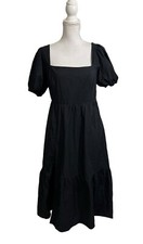 Astr The Label Large Square Neck Black Poplin Tiered Side Slit Smocked Dress