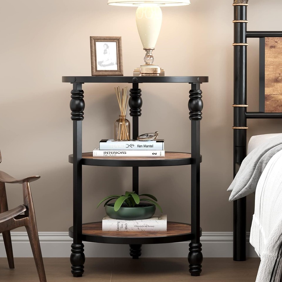 Rustic Brown Side Table 3-Tier Round End Table Nightstand Accent Coffee ...