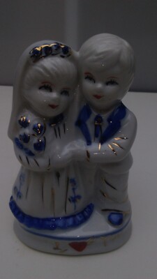 Vintage  I Love You  Bride Groom Hand painted China Wedding Cake Topper Keepsake