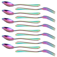 12 Pcs Dessert Forks and Spoons Silverware Set Stainless Steel Rainbow Mini F...