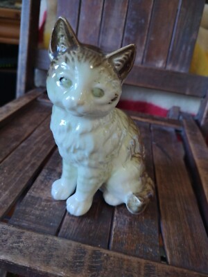 Vintage Porcelain Cat Statue Hand Painted Nippon Japan White & Striped  Cat 7''