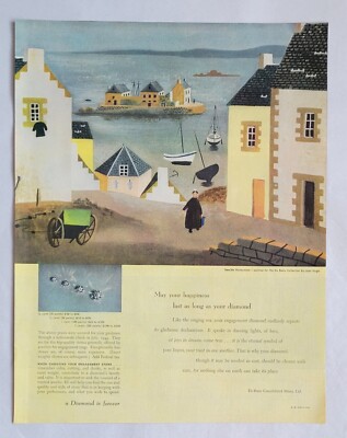 1949 De Beers Diamond Mines Print Ad 10.25'' x 13.25'' Seaside Honeymoon Jean Hugo