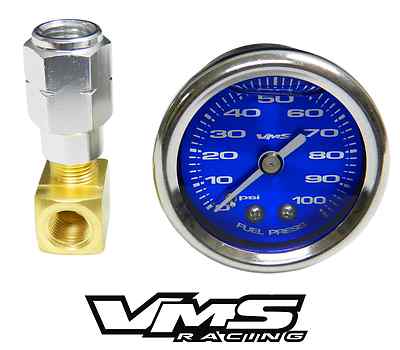 #ad VMS CAMARO CORVETTE 1 1 2quot; 100PSI BLUE FUEL PRESSURE GAUGE LIQUID FILLED ADAPTER $42.95