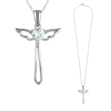 Sterling Silver Necklace w/ Heart CZ Stone Angel Wings Cross Pendant 