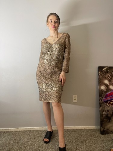 Sue Wong Taupe V-Neck Beaded Cocktail Dress 12 - Picture 4 of 17