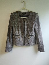 Ann Taylor Navy White Cotton Blend Tweed Zip Up Long Sleeve Blazer Size 4 EUC