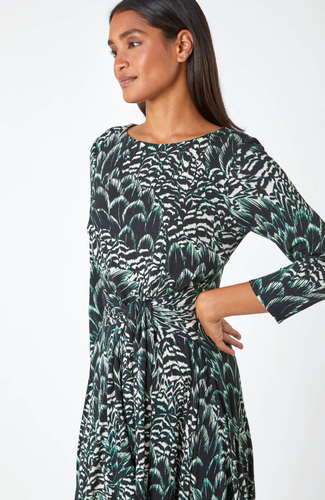 ROMAN Rain Forest Print Hanky Hem Belted Stretch Dress, Black Sizes 10 to 18 - Picture 5 of 6