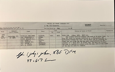 Dambuster G. Johnny Johnson Hand Signed Photo of Dams raid log for AJ-T / ED825