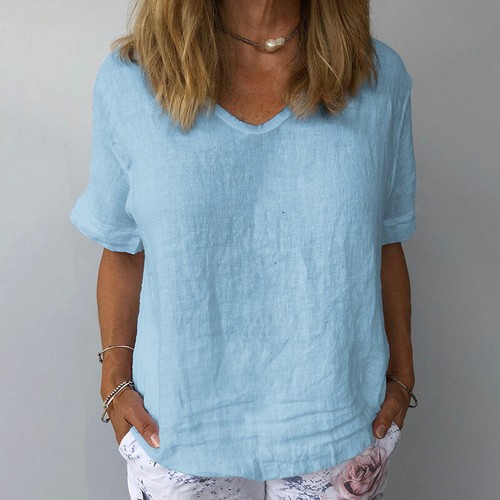 Womens Loose Solid Short Sleeve Cotton Linen Casual T-Shirt Loose Summer Tops✔ - Bild 6 von 17