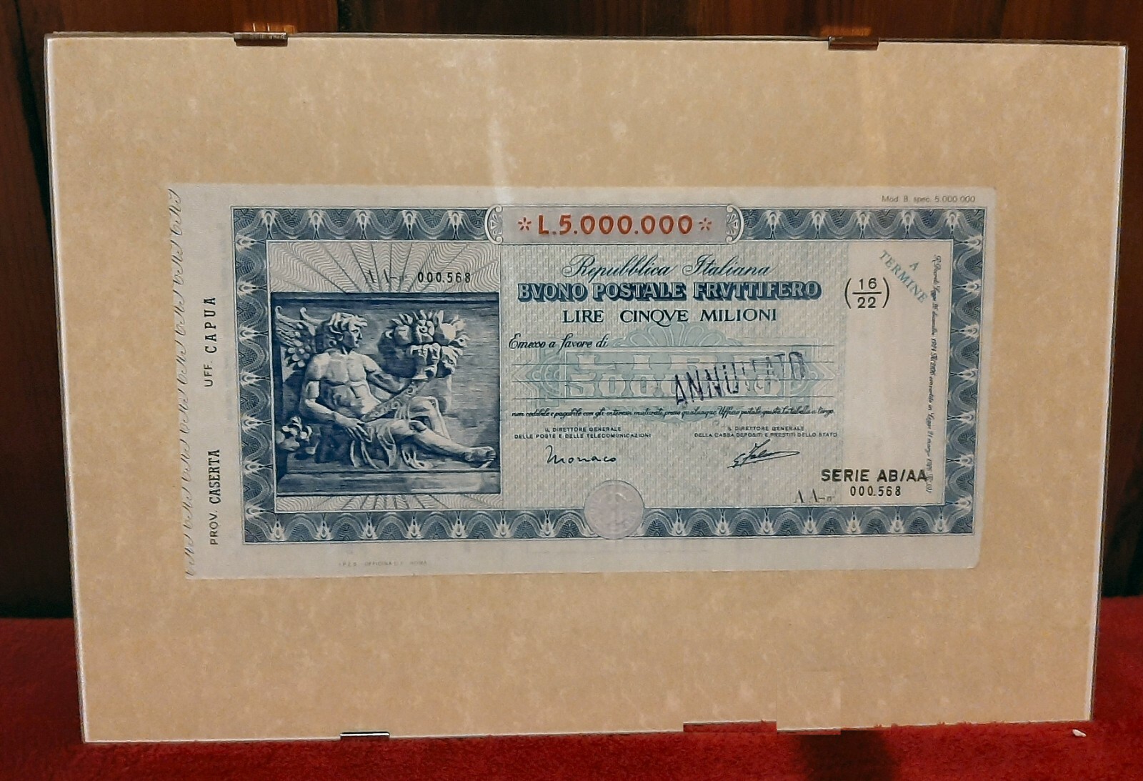 IDEA REGALO BUONO POSTALE FRUTTIFERO da 5 milioni di lire su cornice...