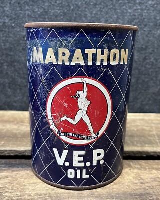 Vtg 1950s Marathon V.E.P Motor Oil 1 Quart Oil Can Tin Ohio
