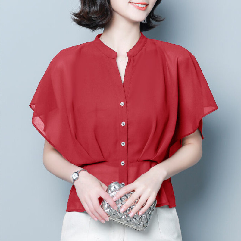 Women Chiffon Shirt Short Sleeve Cropped Top V-neck Button Blouse