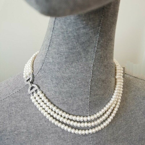 Triple strands AAAA natural south sea white Pearl Necklace 20 Inch 925S - Picture 2 of 4