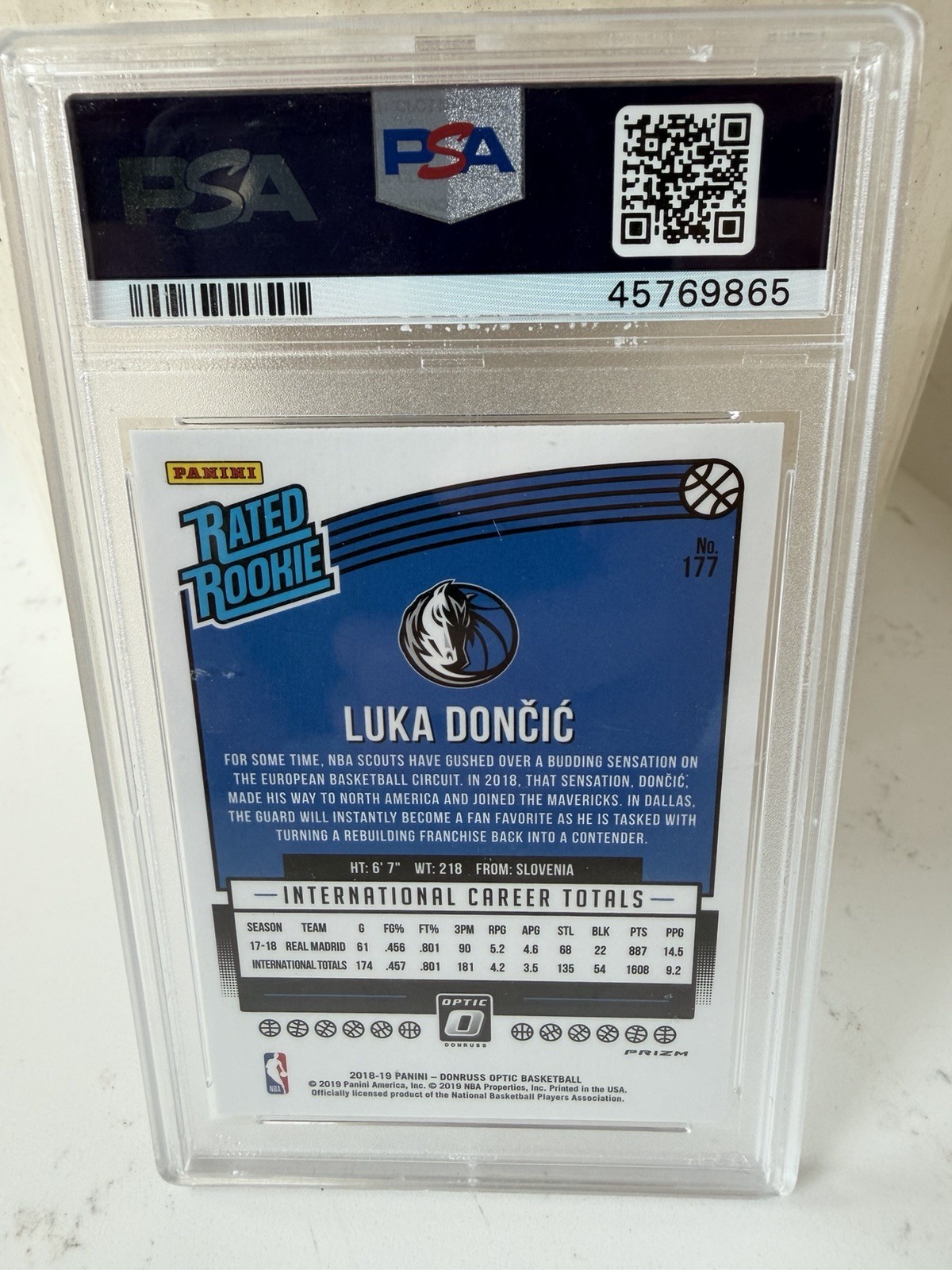 2018 Optic Holo Luka Doncic #177 Mavericks Lakers RC PSA 9 view 2