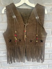 VTG LEATHER SUEDE VEST 70's FRINGE WESTERN PIONEER FESTIVAL HANDMADE UNISEX S M