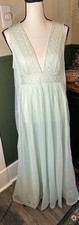 Vintage Mint Green NYLON Sheer Lace Waistline Pleated Deep V Nightgown Small