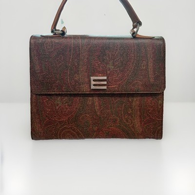 ETRO Paisley Leather 2 Way Shoulder Handbag Vintage Brown Formal Auth