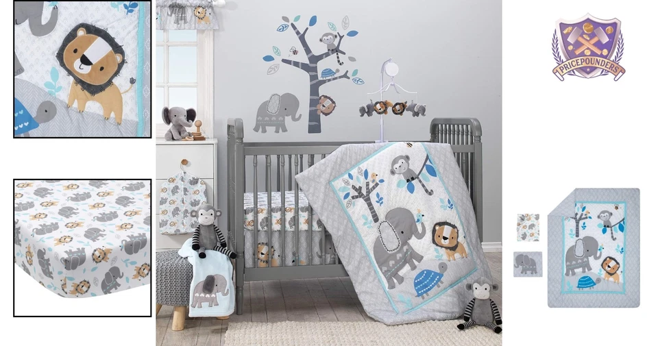Juego de cama para cuna de bebé Jungle algodón poliéster 3 piezas elefante león mono Foto 2 de 4