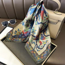 100% Mulberry Silk 26" Square Scarf Women neckerchief Wrap Blue Bird Trees