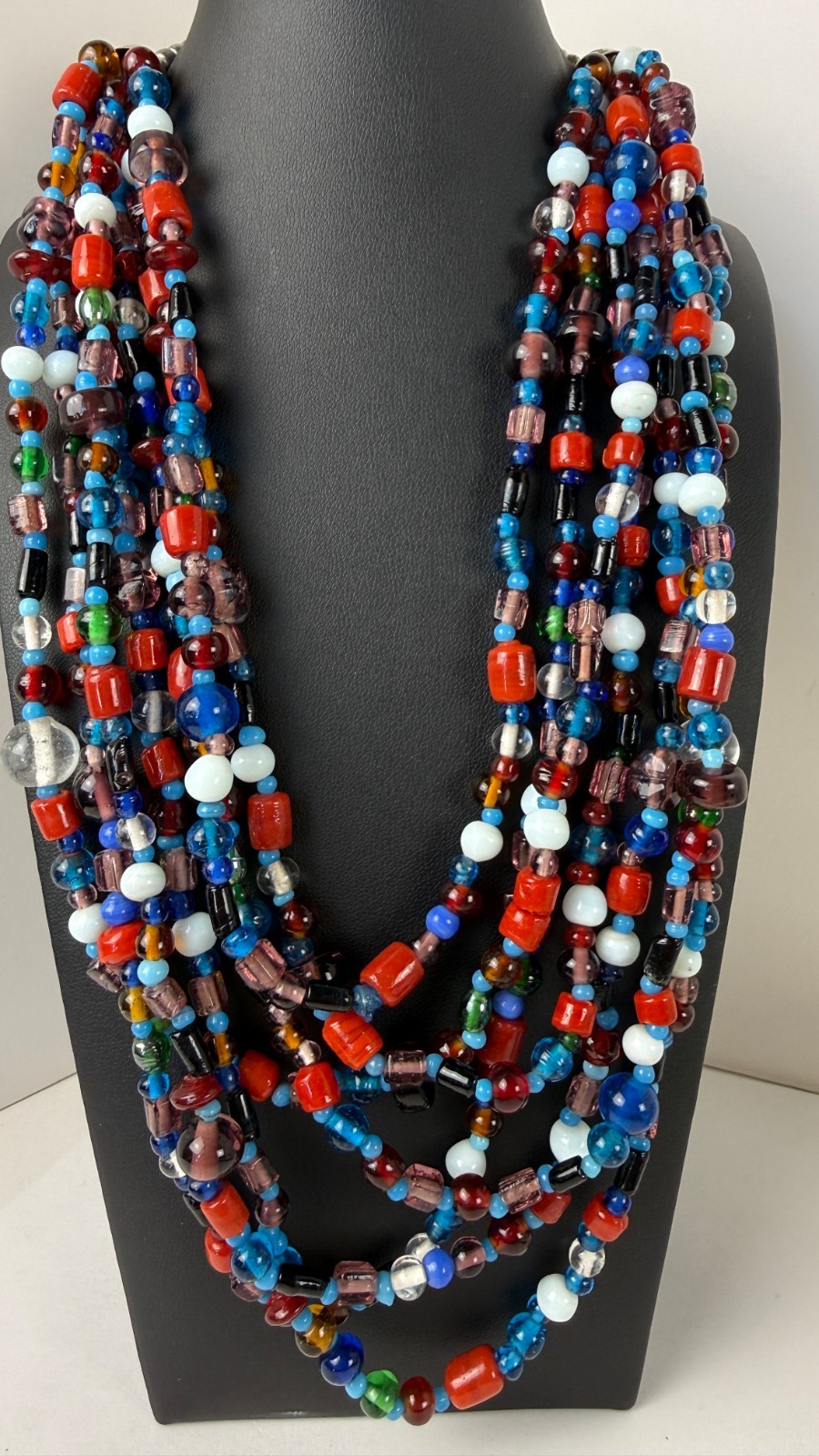 Vintage Multi Strand Glass Bead Necklace Colorful Boho Statement 20