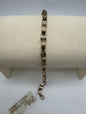Vintage 24k Gold/ Sterling Silver FMC Textured & Polished 5mm Link Bracelet 7 