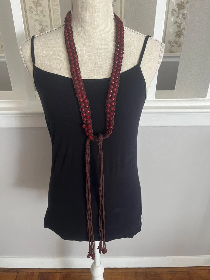 Cinturón de cadera con cuentas rojo oscuro multihilo hecho a mano para mujer cordón de gamuza marrón L XL Foto 4 de 4