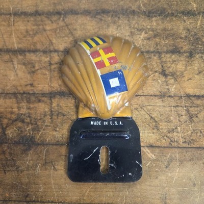 Shell Gasoline  SHARE THE ROAD  1930s Embossed Metal License Plate Topper GOLD