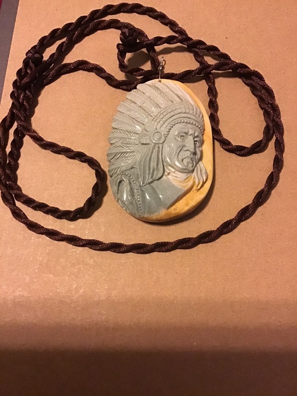 CARVED INDIAN CHIEF JASPER PENDANT ON ADJUSTABLE CORD EUC ARTISAN CRAFTED