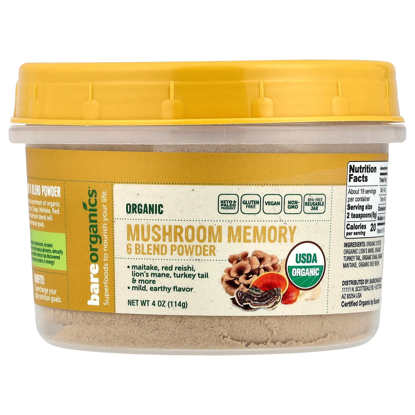 Органический порошок для смешивания грибов Memory 6, 4 унции (114 г)
