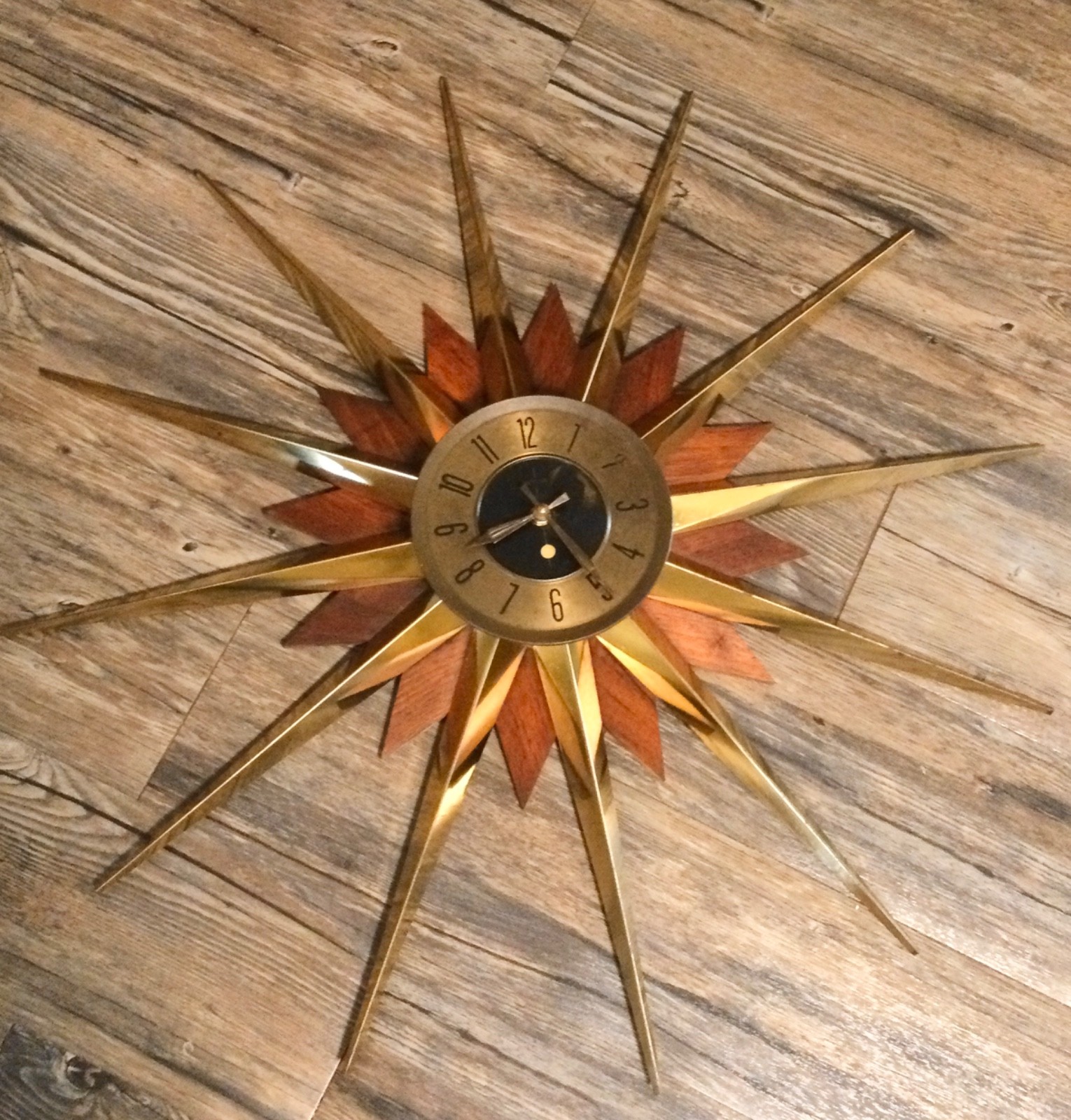 Vintage WELBY STARBURST SUNBURST Teak wood and Brass Mid Century Clock 29.5”