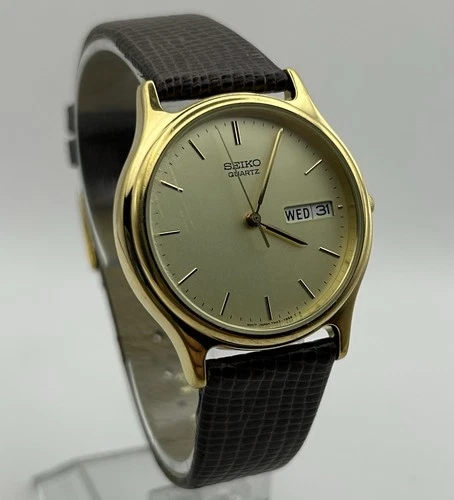 Seiko 7N43-7B00 Quartz Gold Tone Mens Dress Watch - New Battery - 34mm Case