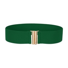 Wide Elastic Waist Belt with Square Metal Buckle, Green, 26.7" to 32.7"