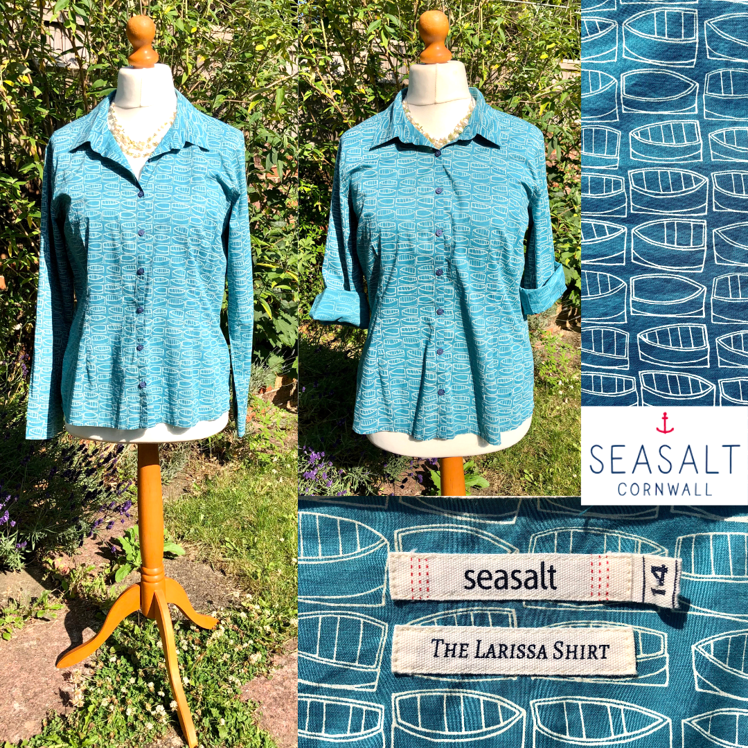 FILA Camicia blusa Seasalt Larissa con bottoni BLU OCEANO + barche a remi (UK 14) Pls LEGGI