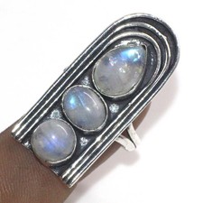 925 Silver Plated Most Beautiful Rainbow Moonstone Ring Gemstone US 8 JW