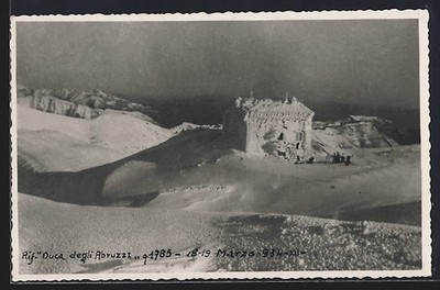 Rif. Duca degli Abruzzi, Berghütte im Tiefschnee, Ansichtskarte 1934 