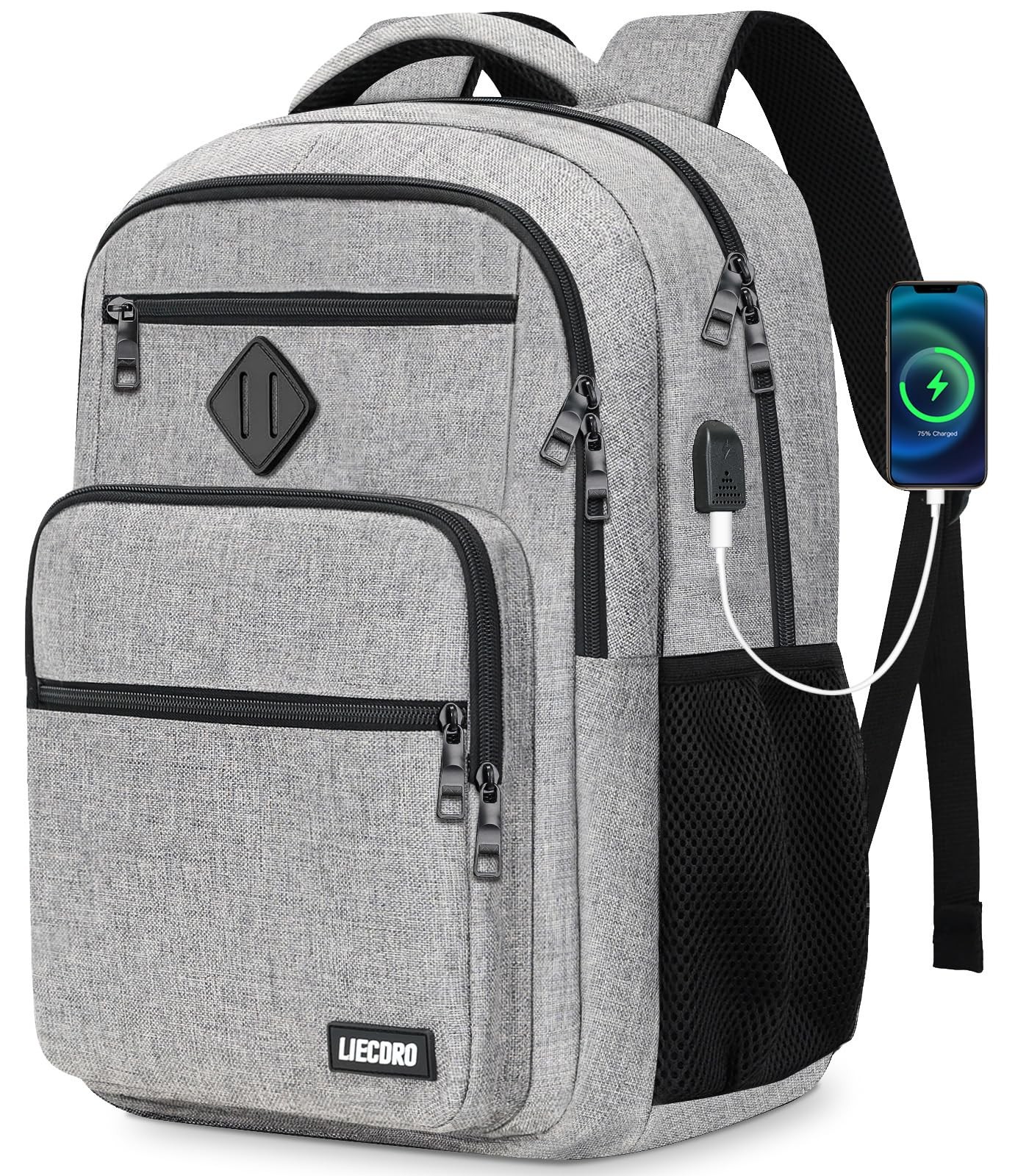 Durable 15.6 Inch Grey School Backpack for Boys Girls Teens Men Women