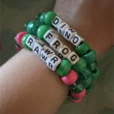 Handmade Green Pink Beaded Bracelets Set with Letter Beads DINO FROG RAWR