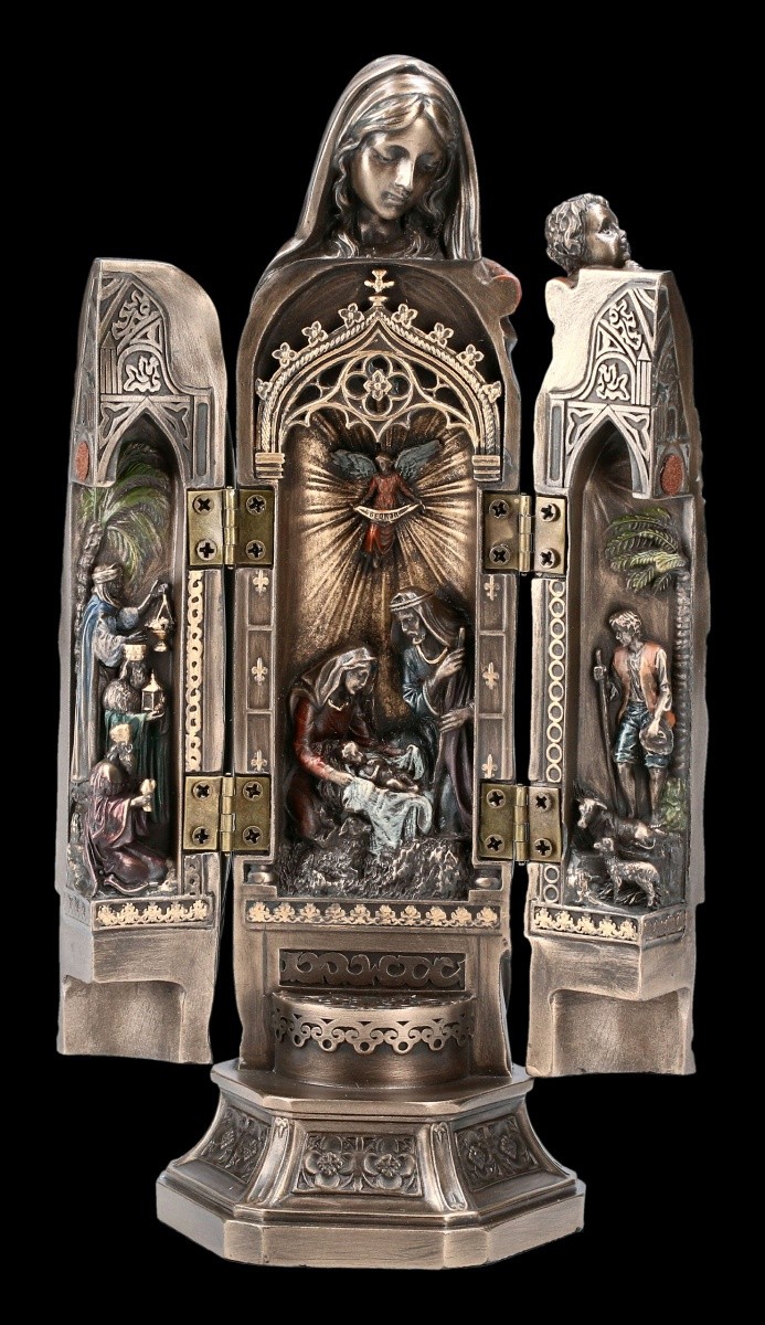 Veronese Hand-Painted Triptych Winged Altar Figure Maria w Jesus - H 21