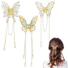 Butterfly Hair Claw Clip Tassel Clips Rhinestone Gold 3 Pcs