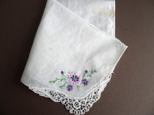 Vintage Handkerchief - 9" WHITE COTTON SQUARE w/LACE  EMBROIDERED EDGE