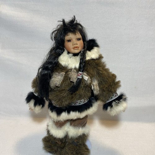 Alaskan Genuine Porcelain Eskimo Doll 16” Authentic Collectible Figurine Stand - Picture 7 of 17