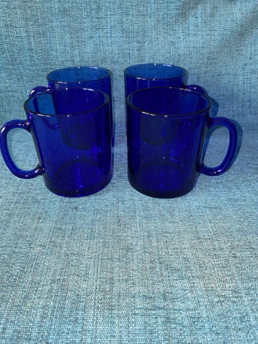 Arcoroc Cobalt Blue Glass Coffee Tea Mugs Set of 4, Made in France