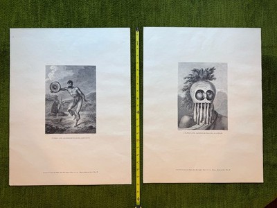 1794 Masked Man & Warrior Hawaii from Captain James Cook's Voyages Vintage Print