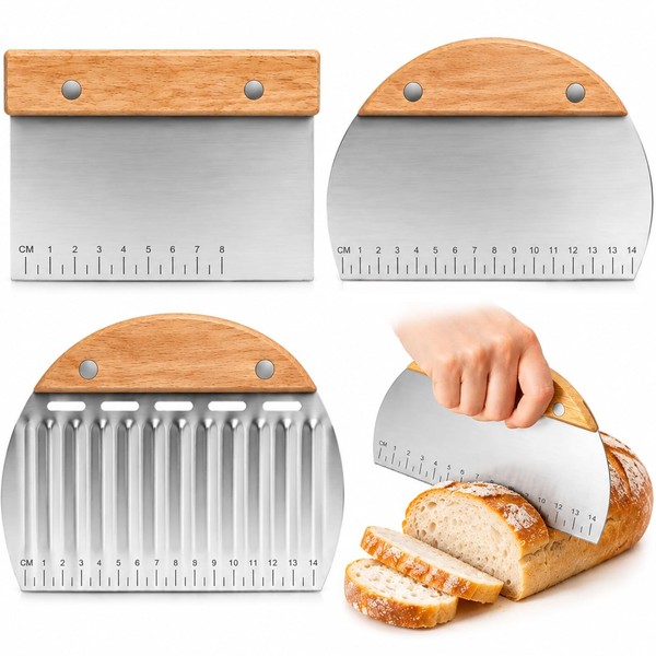 Teigschaber Set Edelstahl Teigkarte Teigschneider Holzgriff 3 StüCk BackzubehöR-image