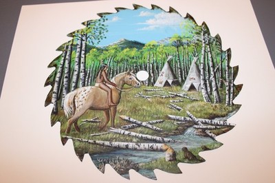 Hand Painted Native American Village Wall Art 10'' Saw Blade-Full of Detail