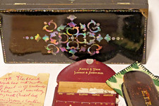 VERY PRETTY OLD INLAID MOTHER OF PEARL BOX - MAPPIN & WEBB NEEDLE CASE - SEWING