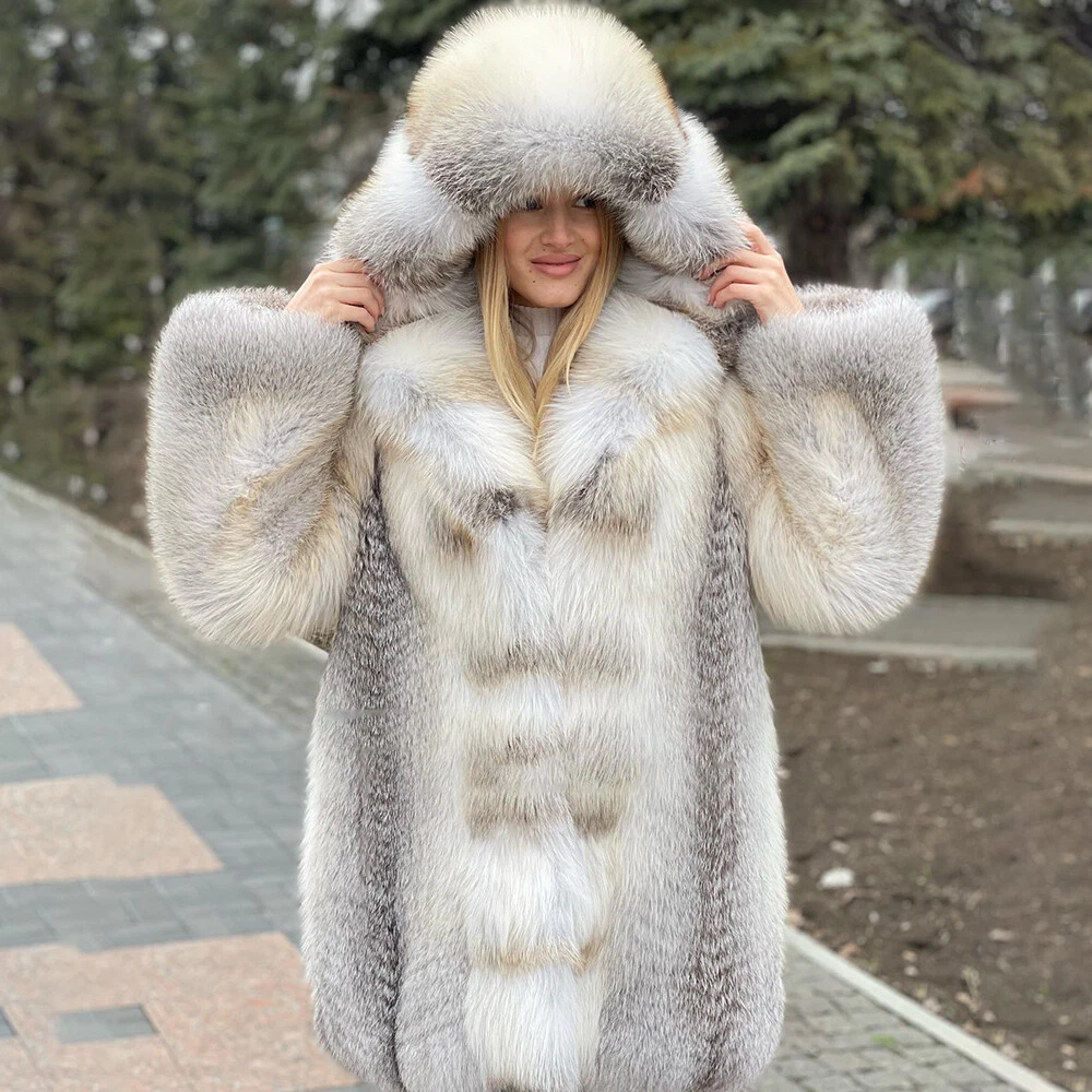 80cm Women Fashion Real Full Pelt Fox Fur Hood Coats Genuine Thick