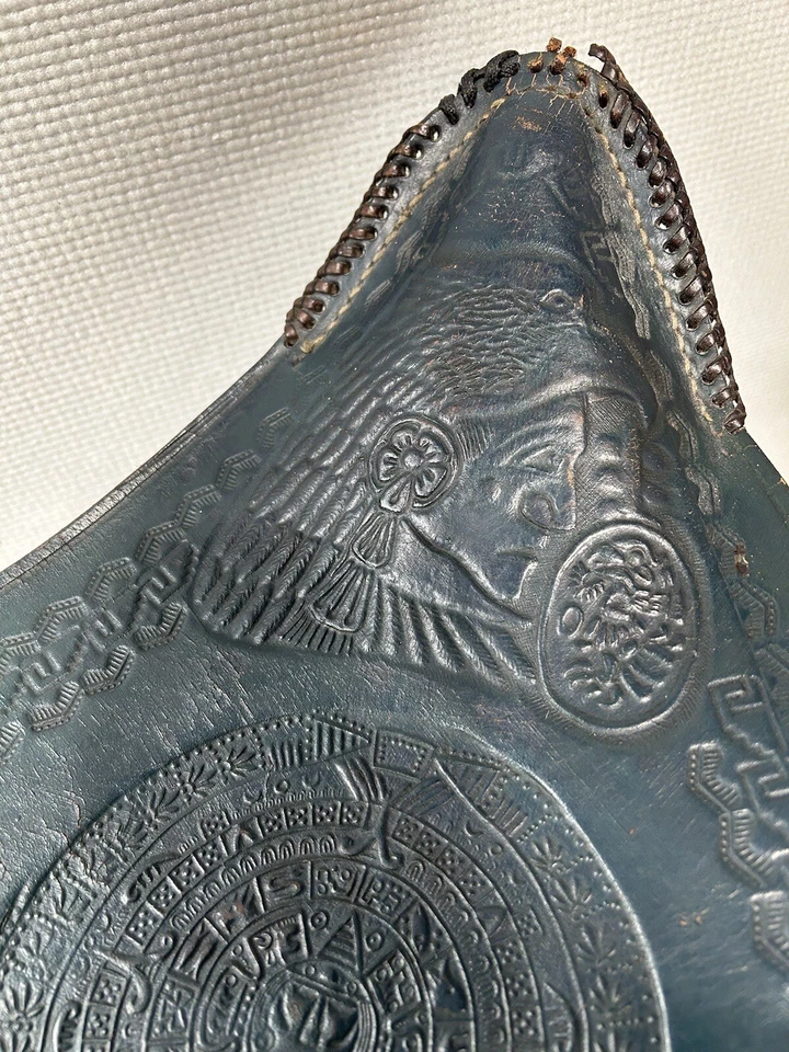 Vtg Leather Tripod Folding Stool Blue Saddle Seat Chair Aztec Mayan Bamboo Legs - Image 4 of 4