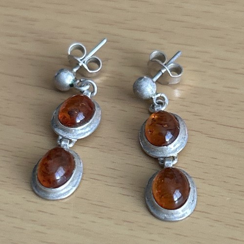925 Silver Double Drop Amber Drop Earrings/ Vintage - Picture 4 of 7