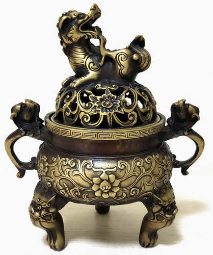 17cm antique old Bronze Signed lucky dragon lion Statue Incense Burners Censer - Picture 9 of 9